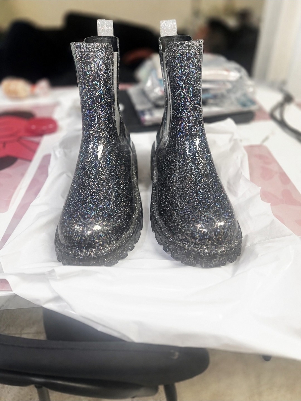 Glitter Chunky Chelsea Rain Boots - Black Holographic Sparkle